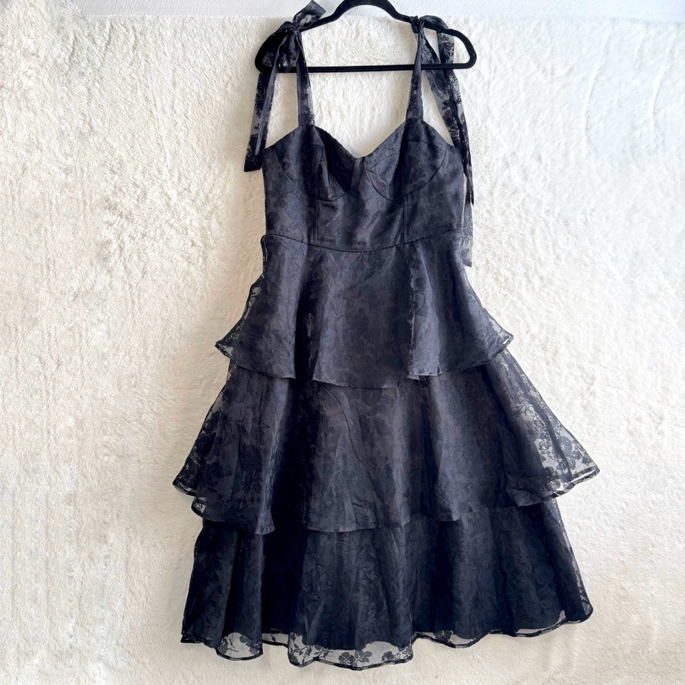 Lulus Glamorous Sweetie Black Burnout Tie-Strap Bustier Midi Dress XL LBD Floral - Picture 2 of 12